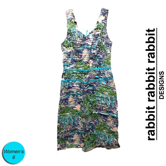 Rabbit Designs Watercolor Lake House Scenery Print Sheath Dress w/ Sash Green 6 - Picture 1 of 6